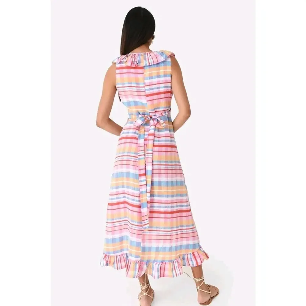 Never A Wallflower Ruffle Long Wrap Linen Dress Pink Spanish Plaid Sz M - Picture 2 of 8